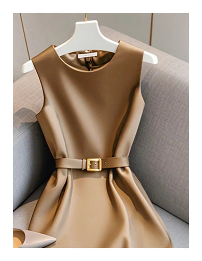 Elegant Women's Formal Dress With Belt Summer New Fashion Solid Color O-Neck Sleeveless High Waist OL Midi Party Vestidos 223P GONZALES ONLINE SHOP