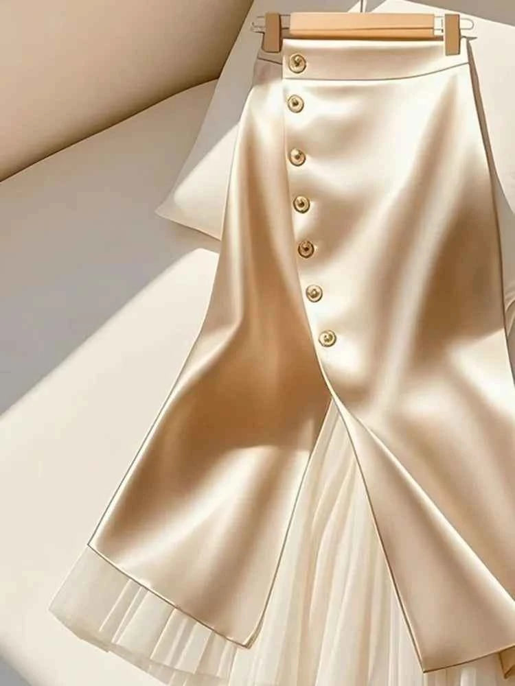 Elegant Satin Long Skirts for Women Fashion Spliced Mesh Single Breasted Slit Maxi Skirt 2025 New Commuting Lady Skirt