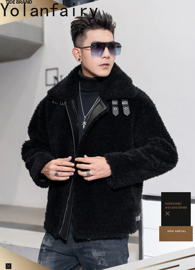 YOLANFAIRY Natural Wool Mens Real Fur Coat Winter Clothes Shearling Jackets for Men Cropped Leather Jacket Loose Fit Бомбер 2024 GONZALES ONLINE SHOP