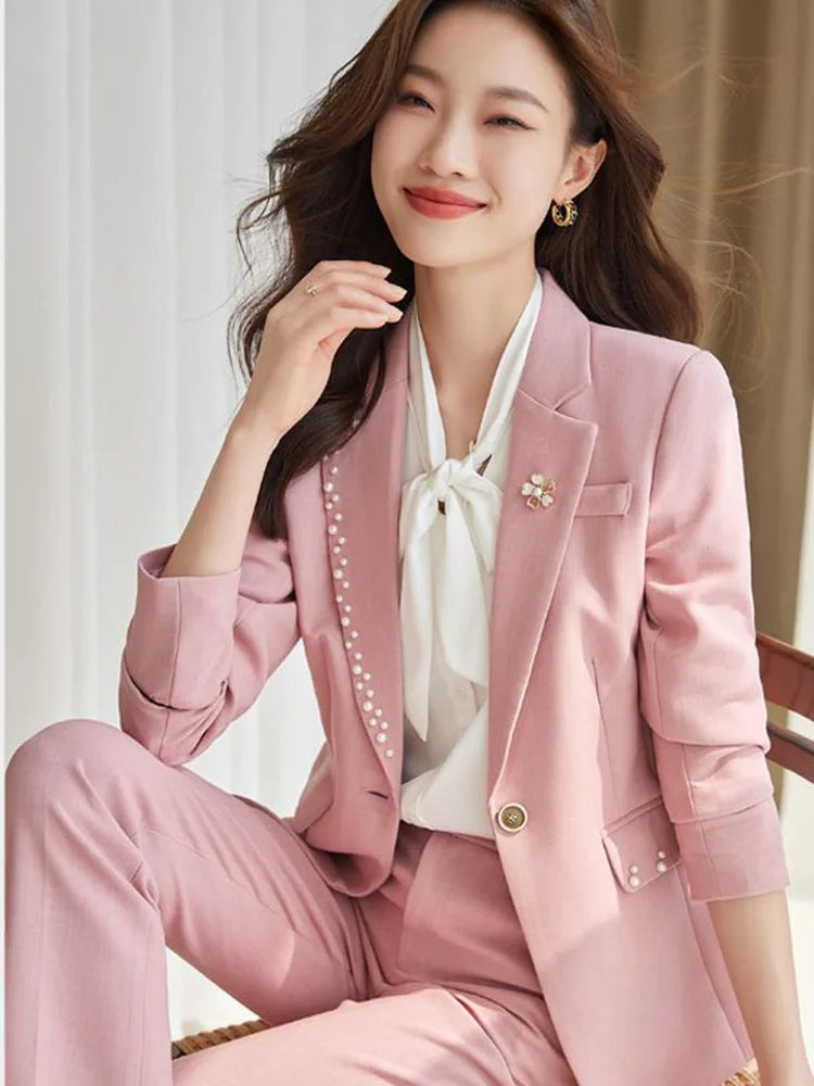 Women Office Suit 2 Pieces Sets Elegant Chic Design Ol Slim Long Sleeve Coats Tops Korean Formal High Waist Straight Pants 2024 GONZALES ONLINE SHOP