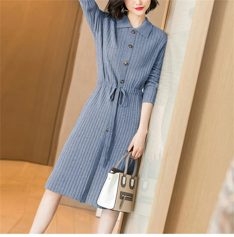 Elegant Knitted Sweater Dress Fashion Korean Long Sleeve Drawstring Waist Dresses Fall Vintage Women Mid-length Vestidos J116 GONZALES ONLINE SHOP