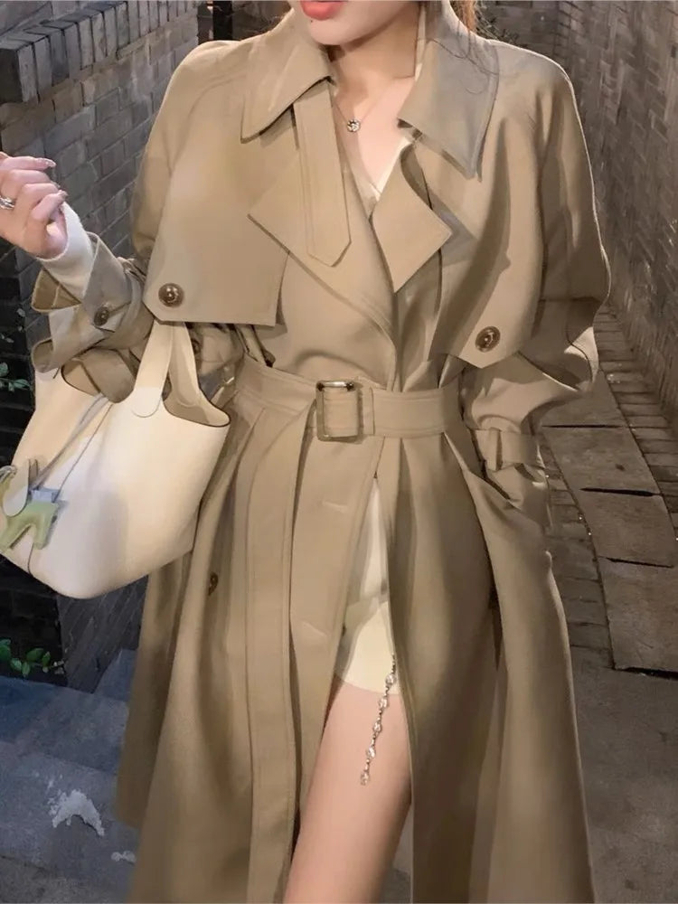 Autumn Winter Khaki Long Trench Coat for Women 2024 Jacket Elegant Outerwear Turn-down Collar Tie Belt Korean Chic Windbreaker GONZALES ONLINE SHOP