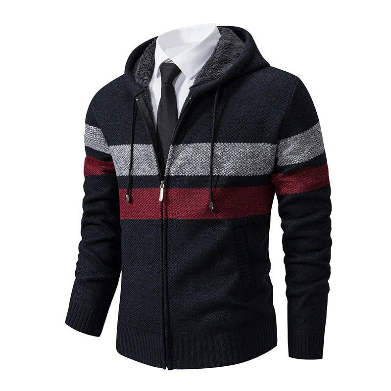 2023 New Autumn and Winter Striped Hooded Sweater Men's Coat with Velvet Padded Warm Knit Cardigan GONZALES ONLINE SHOP