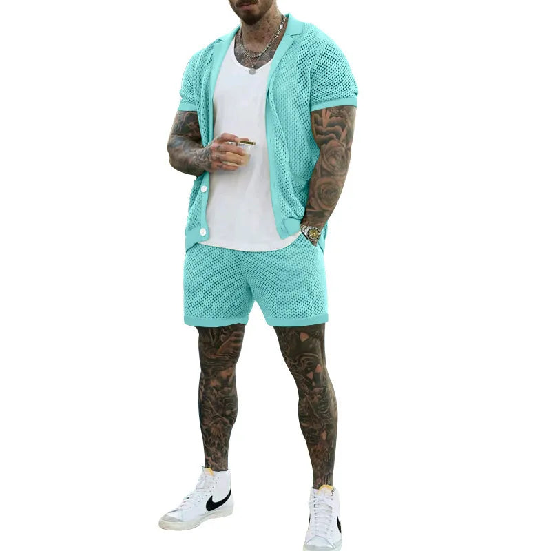 Summer New Men Shorts Mesh Hollow Out Knitted Casual Sports Lapel T-Shirt Short Sleeve Solid Beach Suit Men's 2 Pieces Set Suits GONZALES ONLINE SHOP