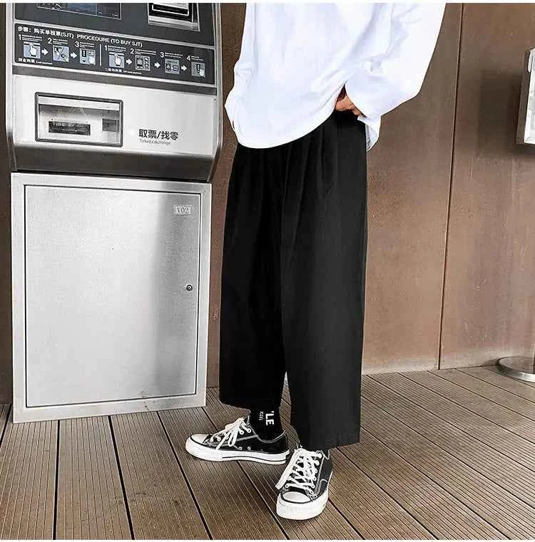 Wide Leg Pants Men Drape Straight Loose Harajuku Vintage Japan Style Ankle-length Trousers Cozy Versatile Black Pantalones Male