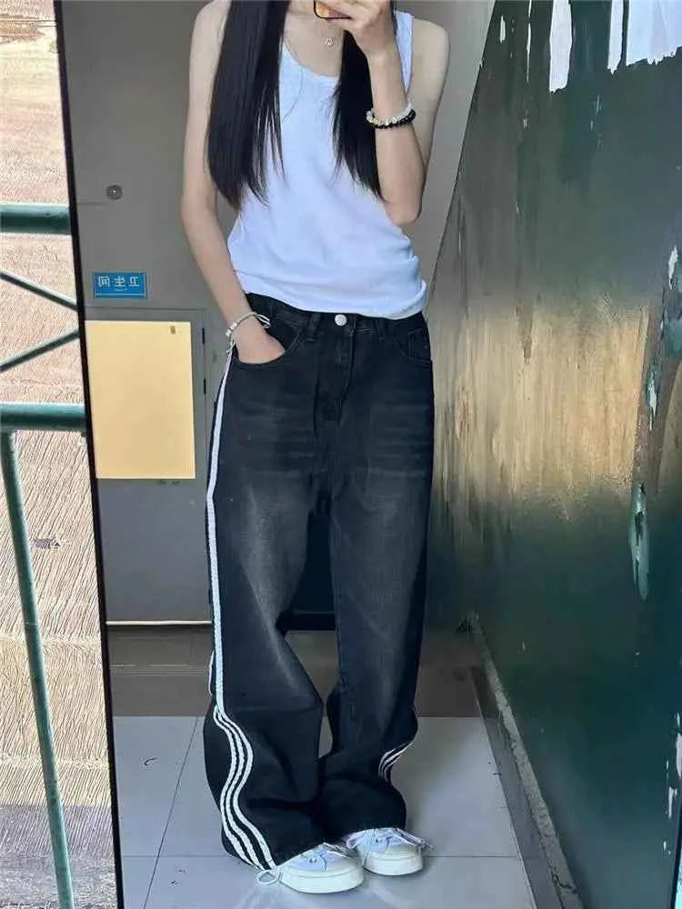 American High Street Black Three Bars Straight Leg Jeans Women's Loose Slim High Waist Wide Leg Floor-Length Pants
