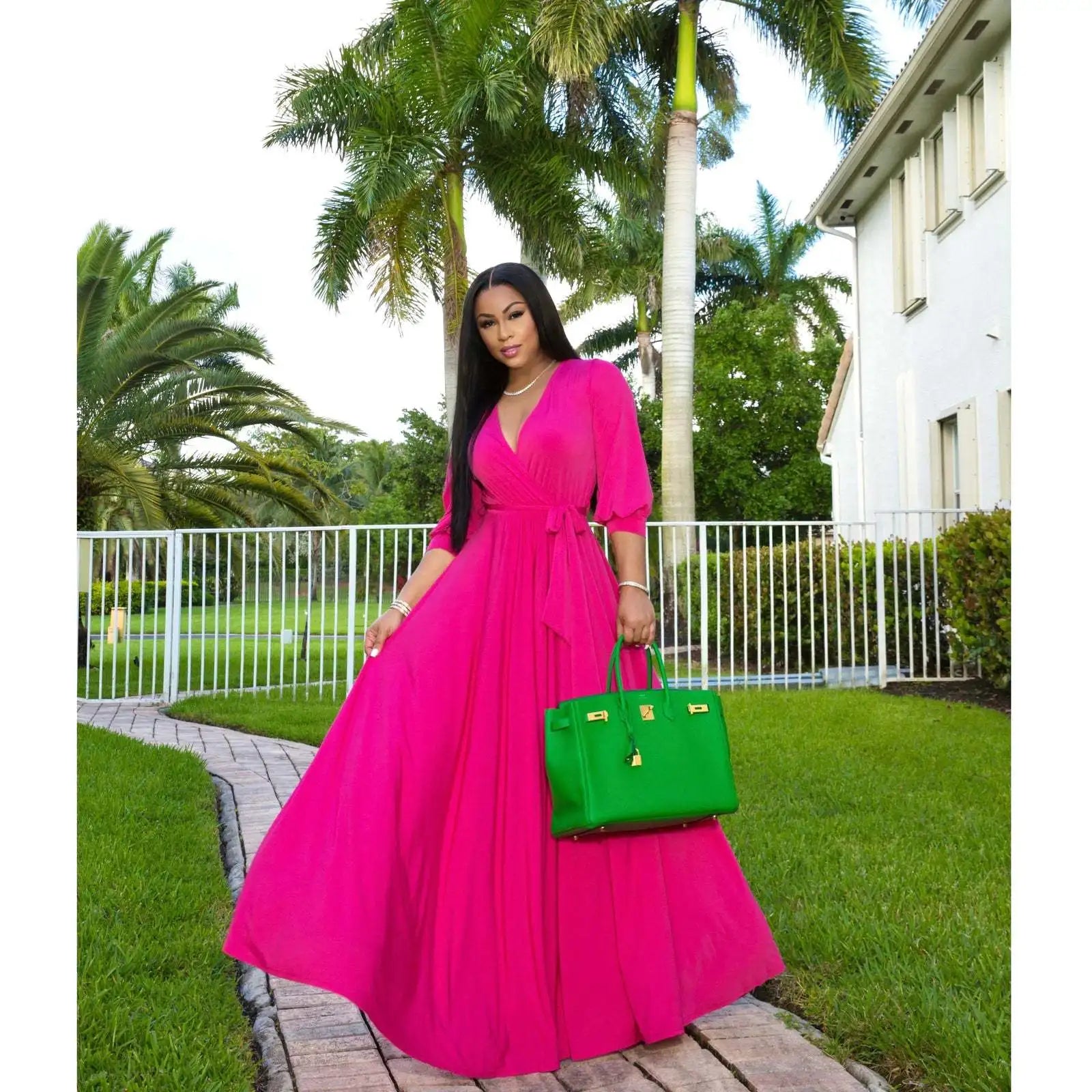 CM.YAYA Elegant Women Wraped V-neck Long Sleeve with Sashes Maxi Long Dress Chic INS Sexy Party Prom Big Swing Pink Dresses GONZALES ONLINE SHOP