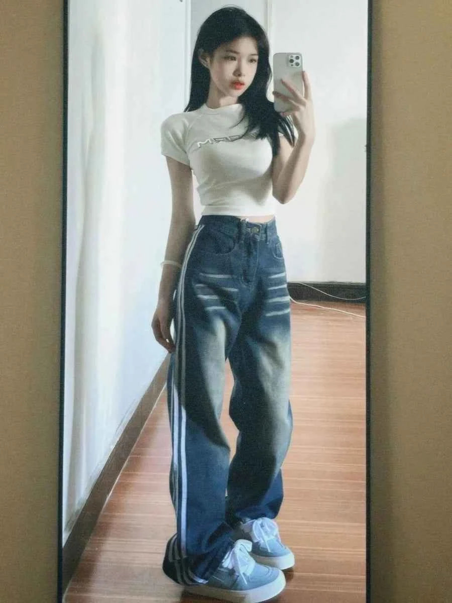 American High Street Black Three Bars Straight Leg Jeans Women's Loose Slim High Waist Wide Leg Floor-Length Pants