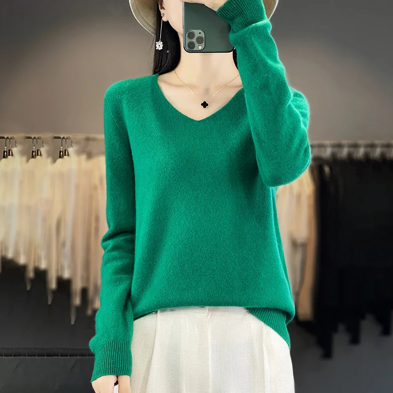 Women 100% Merino Wool Sweater V-Neck Basic Pullover Autumn Winter Cashmere Clothing Long Sleeve Soft Knitwear Tops Solid Color GONZALES ONLINE SHOP