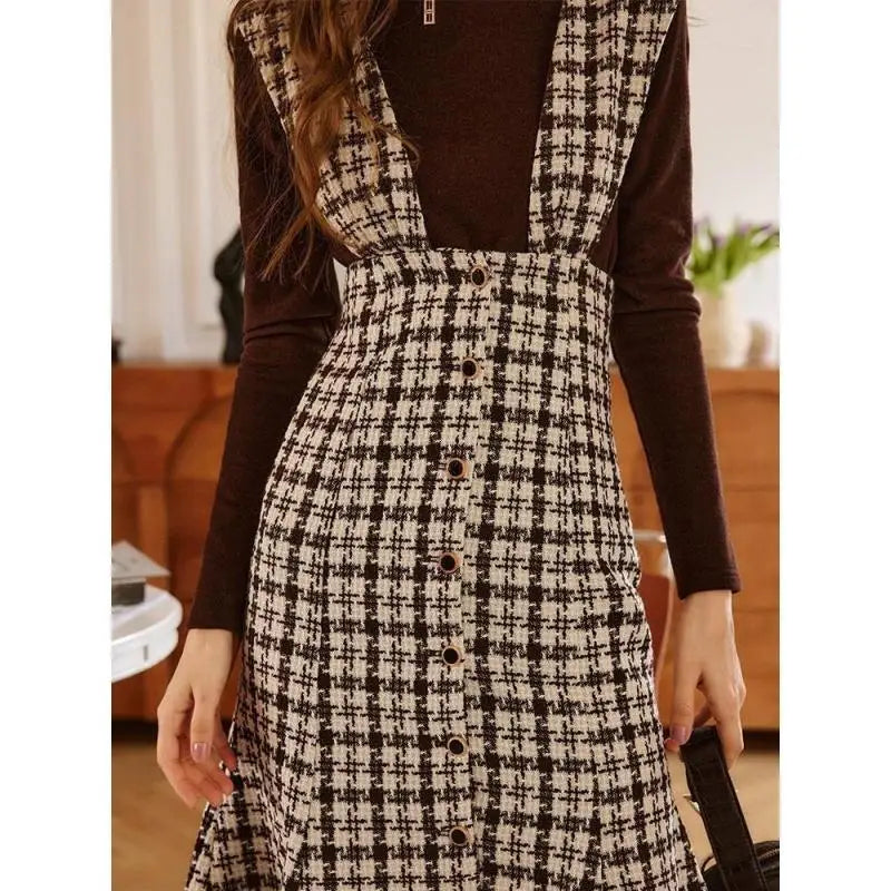 Women's Autumn Winter Fashion Sleeveless Plaid Dress Korean Lady Graceful Sweater Tops Overall Dresses 2 Piece Set 2022 Outfits GONZALES ONLINE SHOP