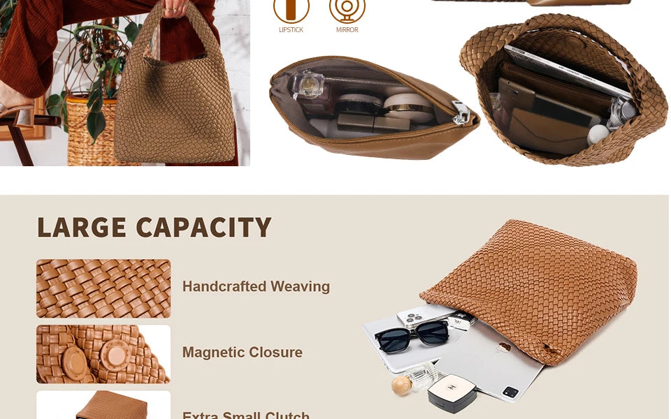 Woven Tote Bag for Women Large Woven Handbag Soft Leather Shoulder Bag Work Shopper Summer Beach Travel Tote Bag with Purse GONZALES ONLINE SHOP