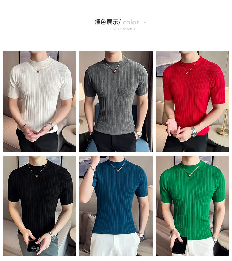 Men's High-End Casual Short Sleeve knitting Sweater/Male High collar Slim Fit Stripe Set head Knit Shirts Plus size S-4XL GONZALES ONLINE SHOP