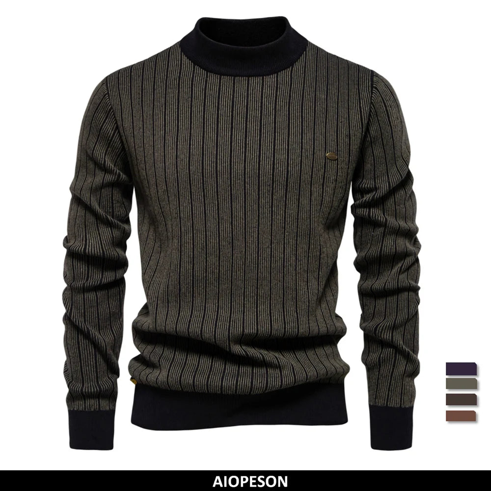 AIOPESON New Design Mens Mock Neck Cotton Pullover Sweaters Autumn Winter Warm Stripped Sweater for Men GONZALES ONLINE SHOP