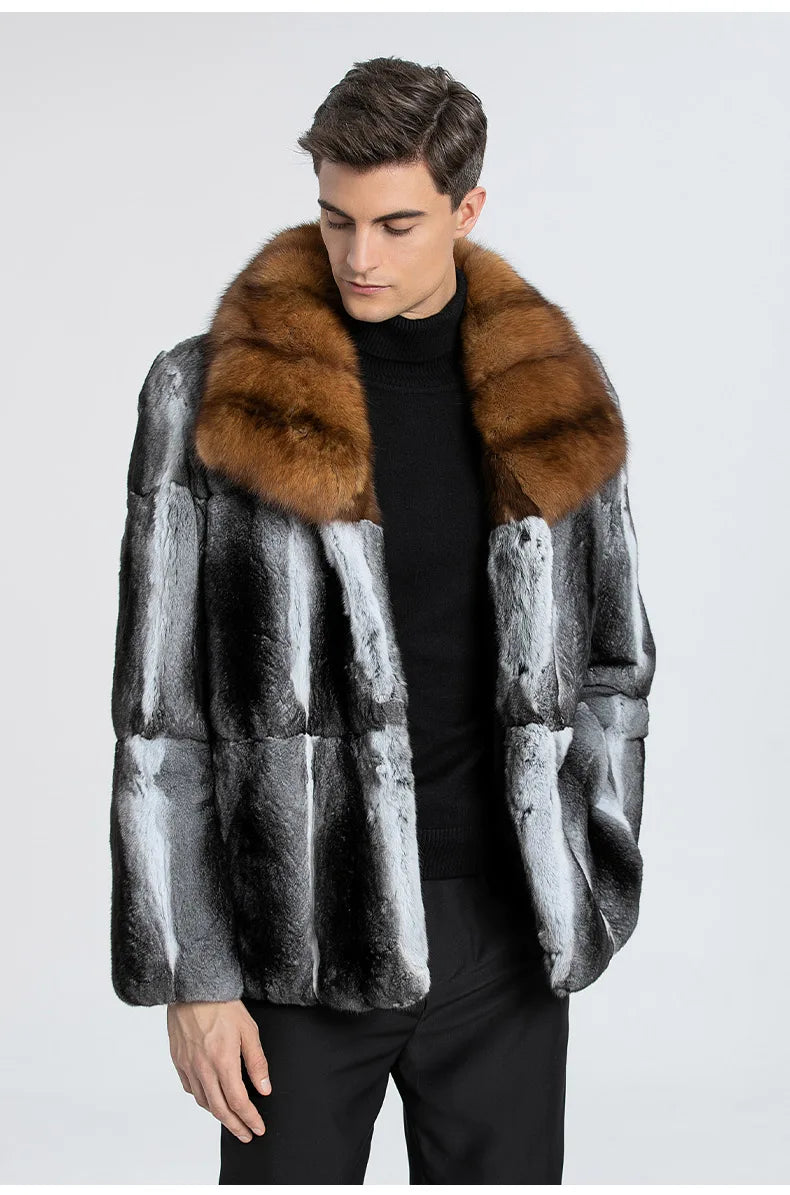 Fur Lover Winter Men's Real Chinchilla Fur Full Skin Overcoat Authentic Chinchilla Fur Long Coat With Genuine Sable Fur Collar GONZALES ONLINE SHOP