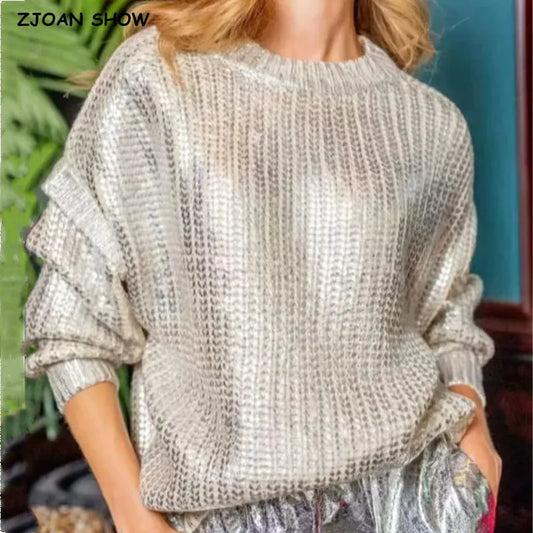 2024 Spring Women Retro Bronzing Silver Sweater Drop Shoulder Long Sleeve Rib Knitted Pullover Knitwear Jumper GONZALES ONLINE SHOP