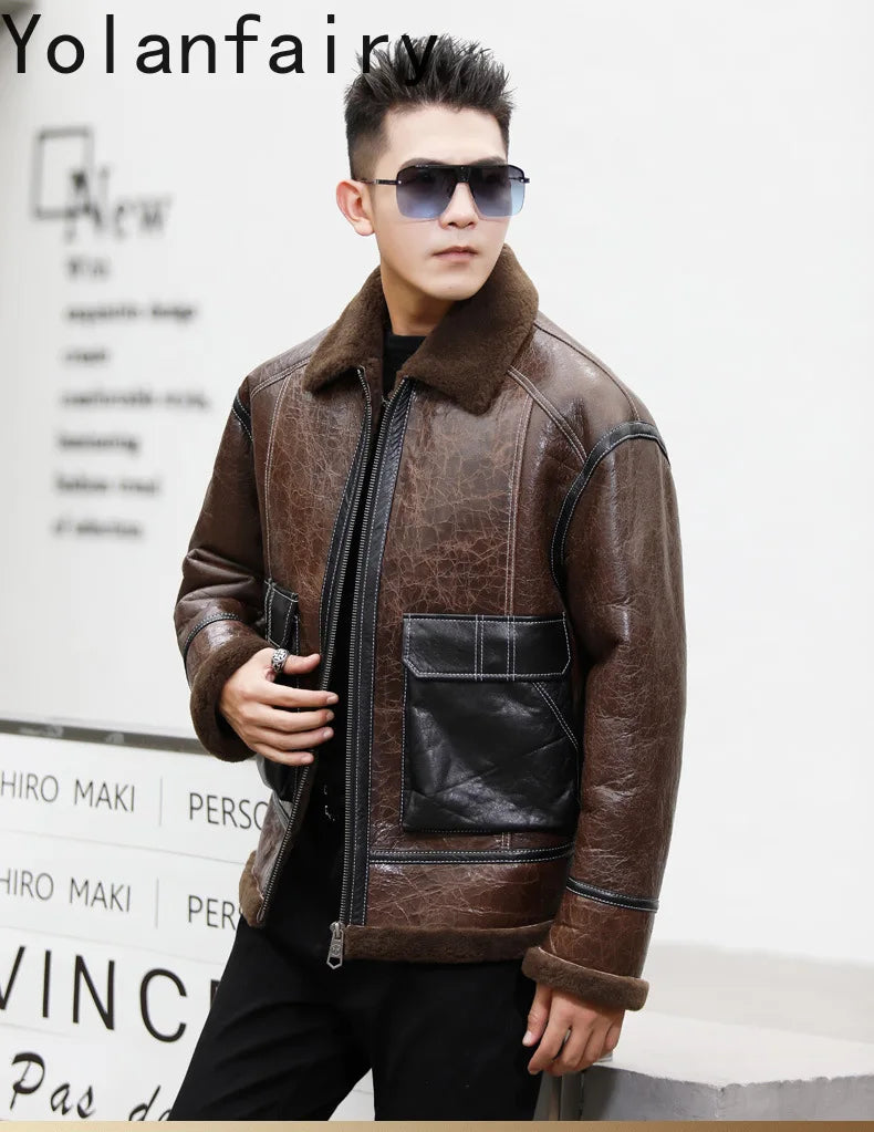 YOLANFAIRY Genuine Sheepskin Jacket Mens Real Fur Coat Winter Clothes Cropped Leather Jacket Men Wool Jacket Men Бомбер 2024 GONZALES ONLINE SHOP