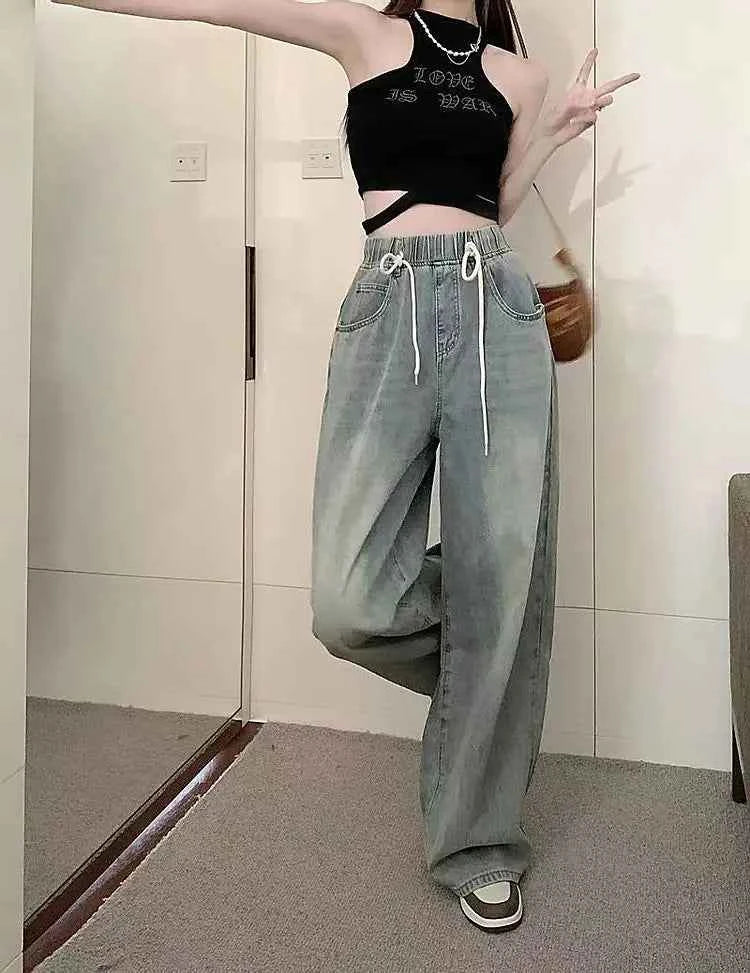 Waist Drawstring Jeans for Women in Spring Summer Korean Version Ins High Waist Slimming Student Straight Wide-leg Floor Pants