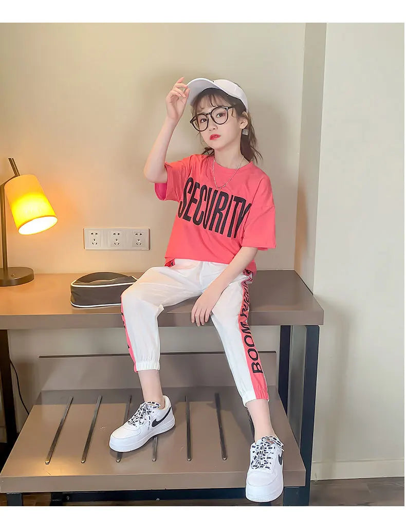 2024 Teen Girls Sport Suit letters short t-shirt + striped Pants Children Set Tracksuit Kids Leggings 5 8 12 9 14 Years Clothing GONZALES ONLINE SHOP