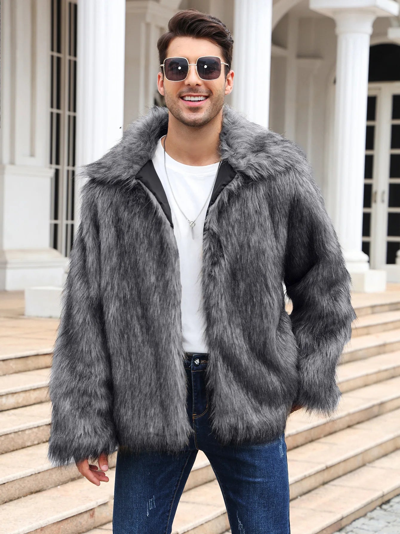 Men Faux Fox Fur Jacket Coat Winter Thick Fluffy Long Sleeve Lapel Warm Shaggy Outerwear Luxury Fur Jacket Bontjas Jackets Mens GONZALES ONLINE SHOP