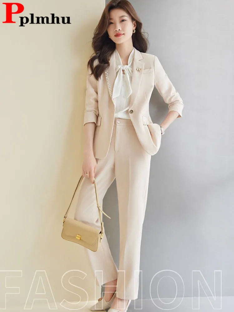 Women Office Suit 2 Pieces Sets Elegant Chic Design Ol Slim Long Sleeve Coats Tops Korean Formal High Waist Straight Pants 2024 GONZALES ONLINE SHOP