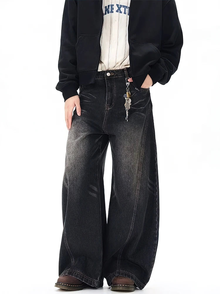 Vintage Black Washed Baggy Jeans Pants Men Wide leg Curved Blade Pants Streetwear Cowboy Casual Denim Straight Trousers GONZALES ONLINE SHOP