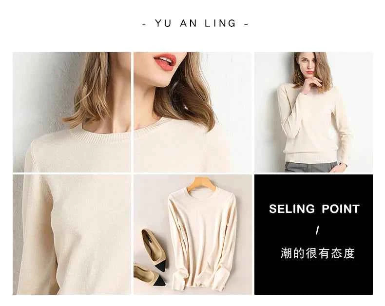 Women Slim O-Neck Solid Pullover Cashmere Wool Blending Sweater Autumn And Winter Long-Sleeved Knit Bottoming Shirt Large Size