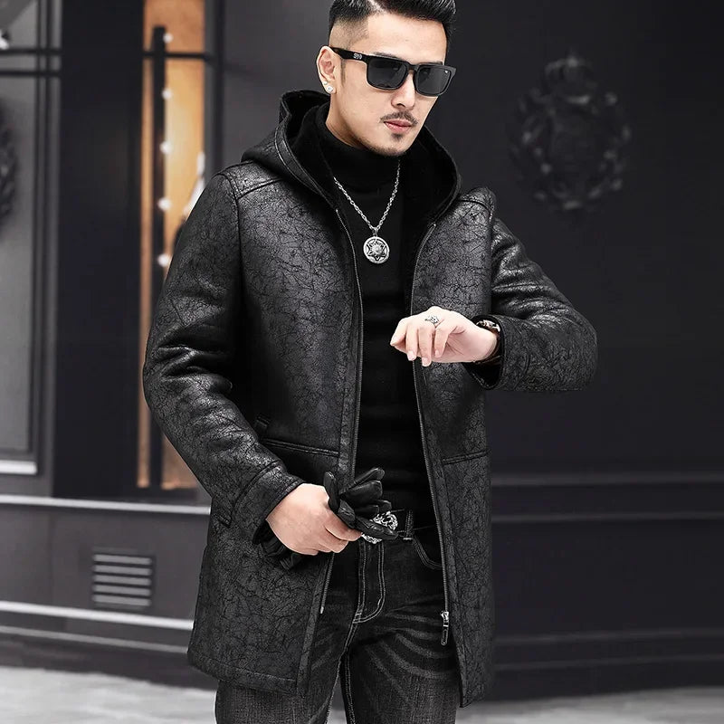 AYUNSUE Winter Coat Men 2022 Warm Hooded Jacket for Men Style 100% Wool Fur Coats Mid-length Black Wool Jackets Business Abrigos GONZALES ONLINE SHOP