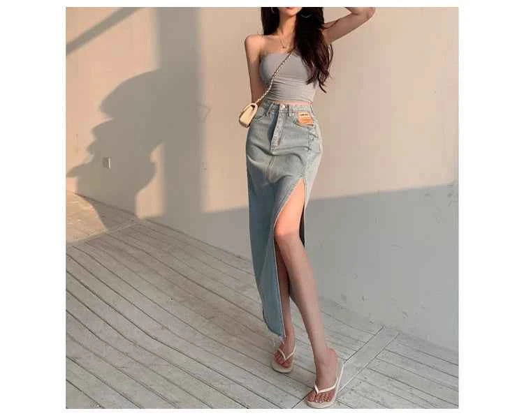 Streamgirl Maxi Jeans Skirt Women Denim Long Skirts Summer 2024 Vintage Maxi Skirt Side Split Denim Skirt Women Long Korean