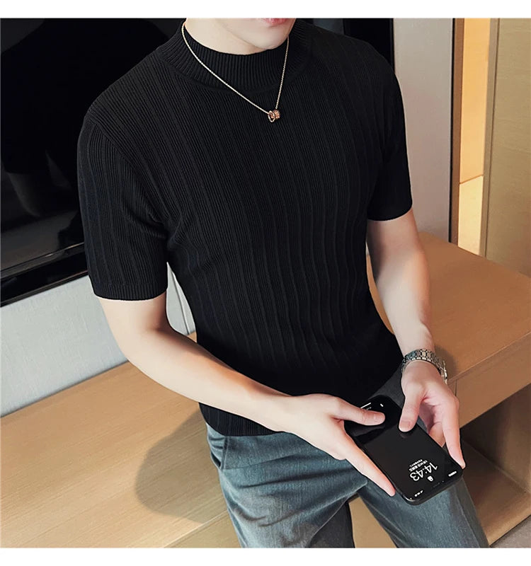 Men's High-End Casual Short Sleeve knitting Sweater/Male High collar Slim Fit Stripe Set head Knit Shirts Plus size S-4XL GONZALES ONLINE SHOP