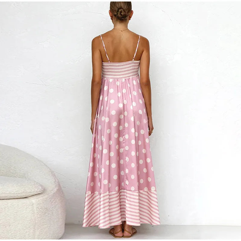 Pink Print Sling Dress Women Elegant Round Dot A Line Sleevelss Robe Female 2024 Summer Backless Elasticity Soft Dresses Lady GONZALES ONLINE SHOP