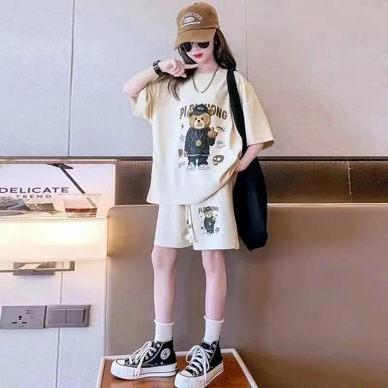 T-shirt+Shorts 2-piece Clothes Sets Kids Girls Fashion Korean Style Cartoon Bear Summer Sports Casual Outfit Suit 1-12 Year Old GONZALES ONLINE SHOP