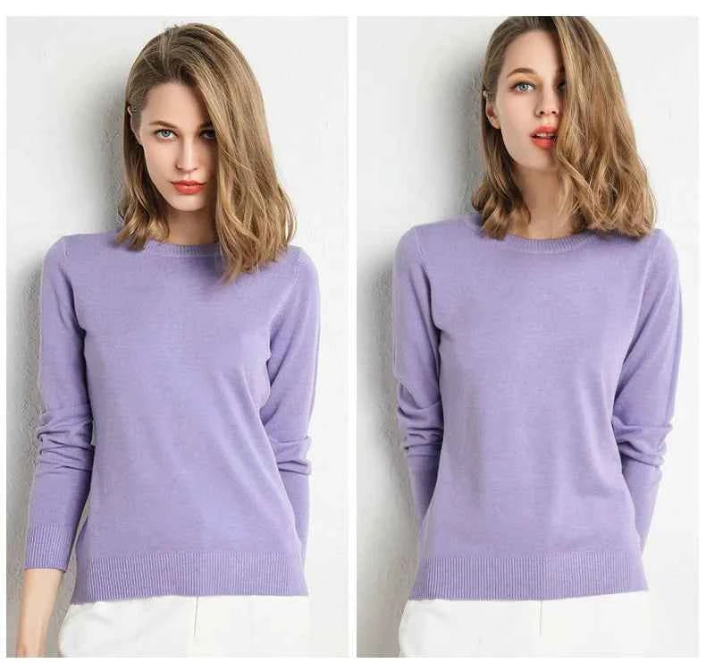 Women Slim O-Neck Solid Pullover Cashmere Wool Blending Sweater Autumn And Winter Long-Sleeved Knit Bottoming Shirt Large Size