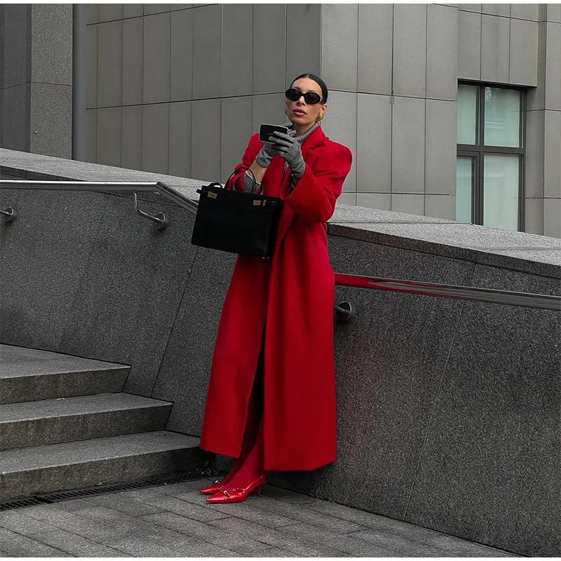 New Red Elegant Turndown Collar Women's Woolen Overcoat Vintage Full Sleeves Loose Commute Long Coat 2024 Lady Chic Fall Outwear GONZALES ONLINE SHOP