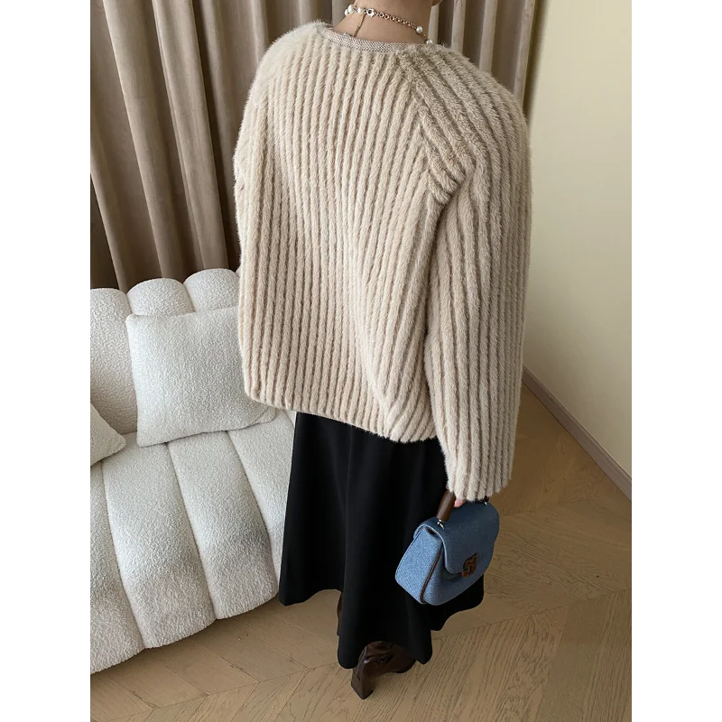 Water Ripple Luxury French Fake Fur Gray Women Coat Small Fragrance Loose Simple Long Sleeve O Neck Elegant Chic Casual Coat GONZALES ONLINE SHOP