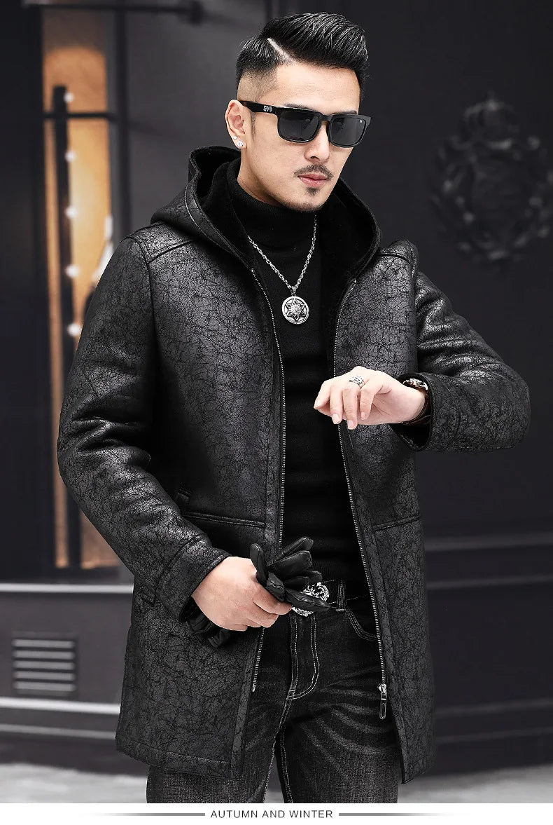 AYUNSUE Winter Coat Men 2022 Warm Hooded Jacket for Men Style 100% Wool Fur Coats Mid-length Black Wool Jackets Business Abrigos GONZALES ONLINE SHOP