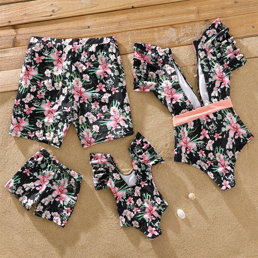 PatPat Family Matching Allover Floral Print Swim Trunks Shorts and Ruffle-sleeve Belted One-Piece Swimsuit Suitable for Summer GONZALES ONLINE SHOP