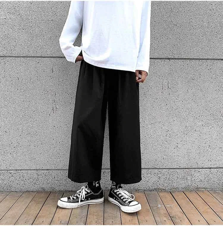 Wide Leg Pants Men Drape Straight Loose Harajuku Vintage Japan Style Ankle-length Trousers Cozy Versatile Black Pantalones Male