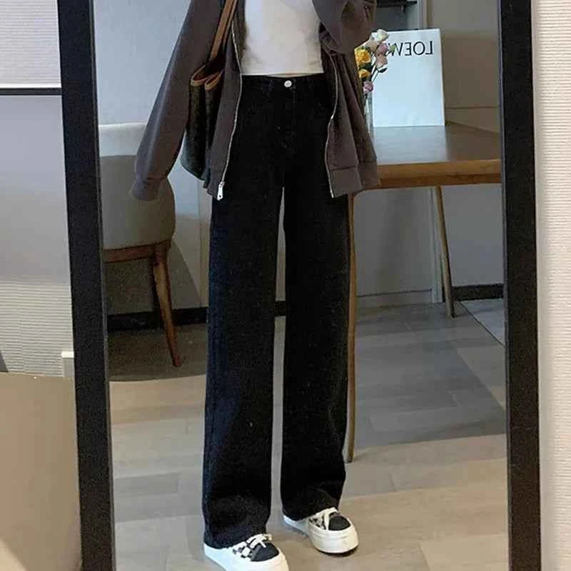 Woman Vintage Wide Leg Jeans Girls High Waist Pants Female Fashion Black Black Grey Retro Blue Light Blue Pink Denim Trousers