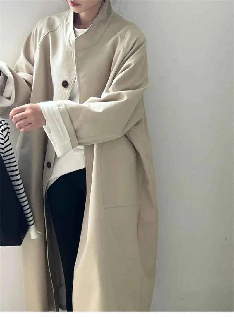 Lazy Loose Stand Up Collar Long Ttrench Coat For Women New Spring Autumn Casual British Style High-end Windbreaker Overcoat