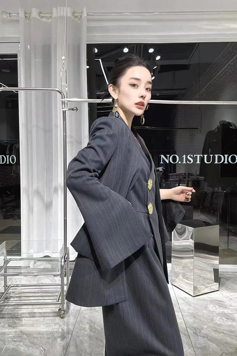 SuperAen 2023 Winter New Korean Dark Stripe V-Neck Split Dress Paired with A Fashionable Two Piece Suit Coat GONZALES ONLINE SHOP