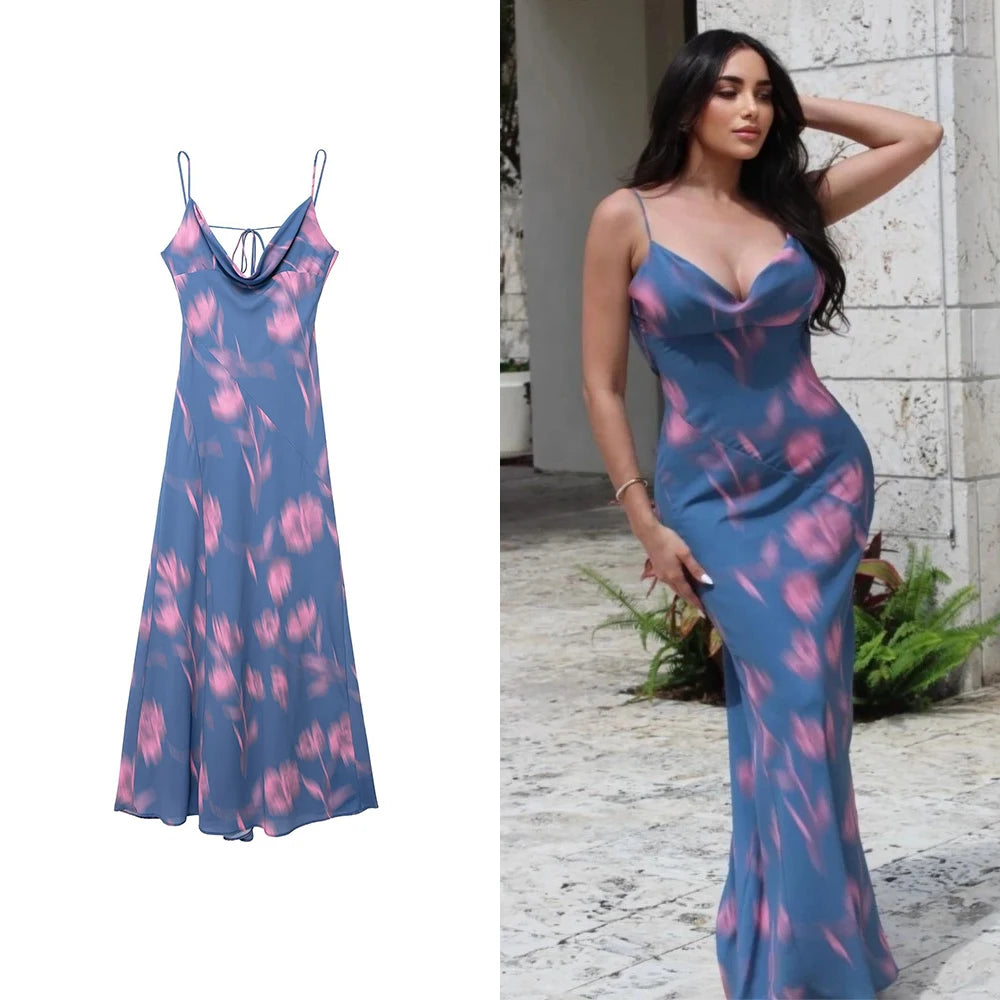 ZBZA Women's Sexy Halter Dresses Dreamy Elegant Floral Print Sleeveless Long Dresses Spaghetti Straps Elegant Evening Gowns GONZALES ONLINE SHOP