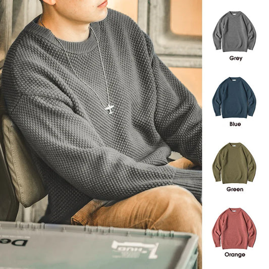 Maden Workwear Men's Vintage Heavyweight Grey Pineapple Pattern Sweater Thickened Round Neck Lazy Autumn Knit GONZALES ONLINE SHOP