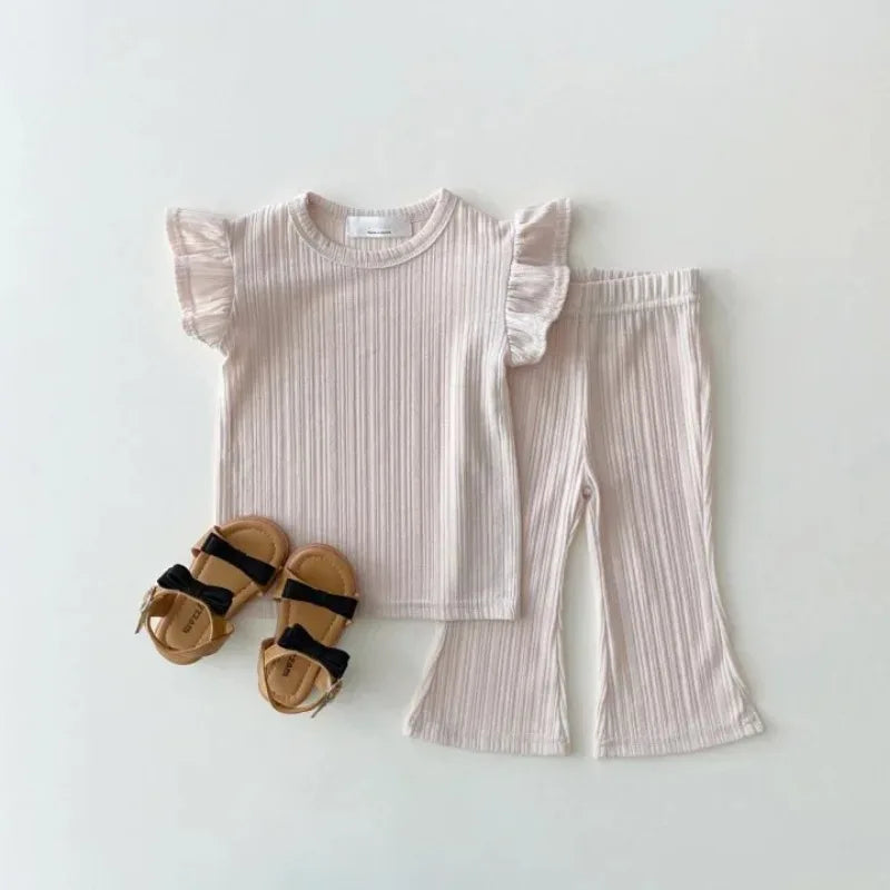 Korean Children's Clothing Set Summer Cool Thin Flying Sleeve Girl's Suit T-shirt+bell Bottoms Fashion Princess Suit GONZALES ONLINE SHOP