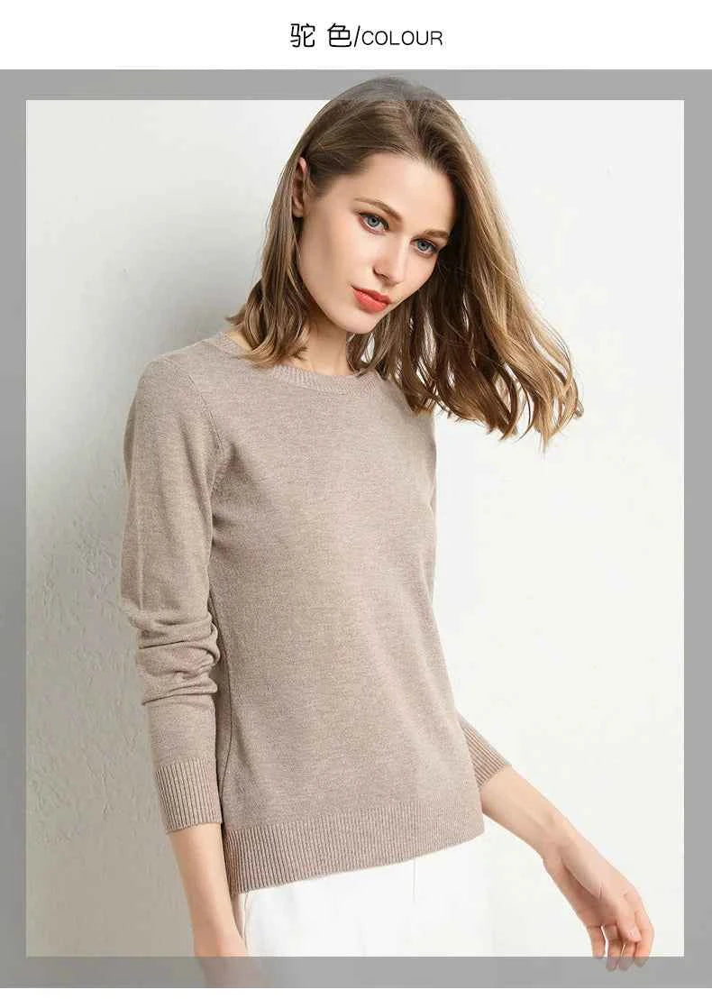 Women Slim O-Neck Solid Pullover Cashmere Wool Blending Sweater Autumn And Winter Long-Sleeved Knit Bottoming Shirt Large Size