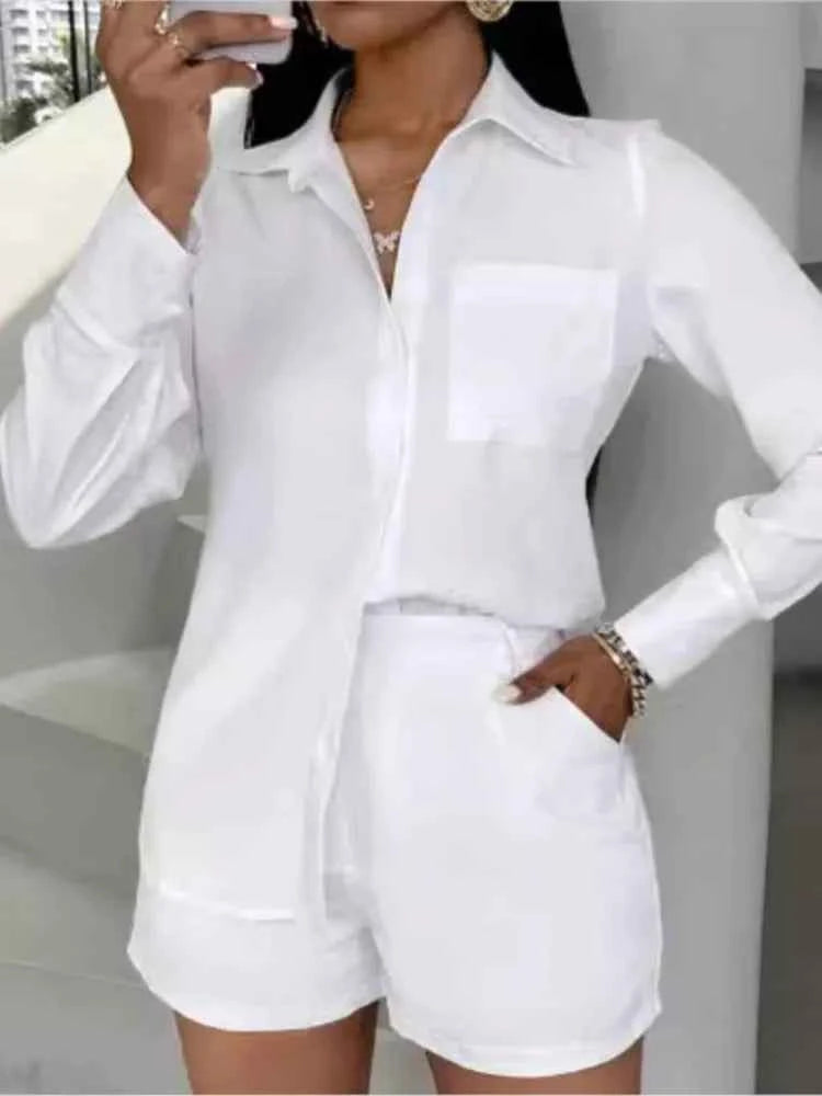 Fashion Two Piece Outfits Women's Turn-down Collar Pocket Design Button Shirt Top & Shorts Set New Summer Women Solid 2pcs Sets
