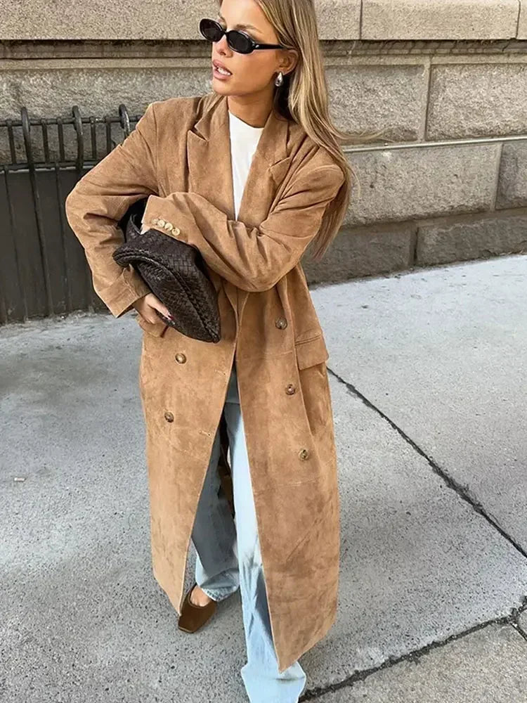 Women Fashion Double Breasted Solid Suede Overcoats Elegant Lapel Full Sleeves Pocket Long Coat Autumn Chic Lady Commute Outwear GONZALES ONLINE SHOP