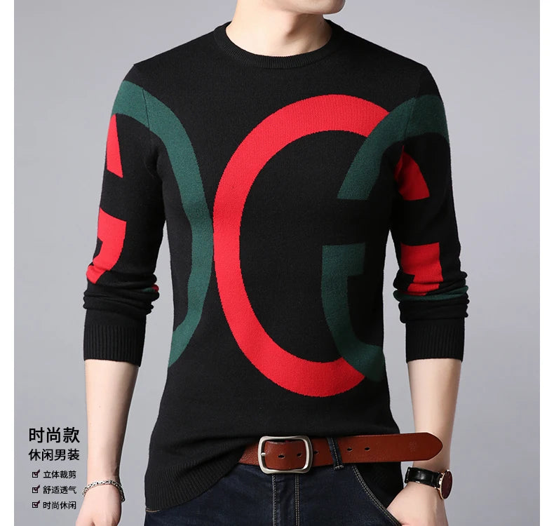 Light Luxury Men's Knitted Pullover Autumn/Winter New Letter Embroidery Long Sleeve Korean Trend Casual Fashion Warm Men Sweater GONZALES ONLINE SHOP