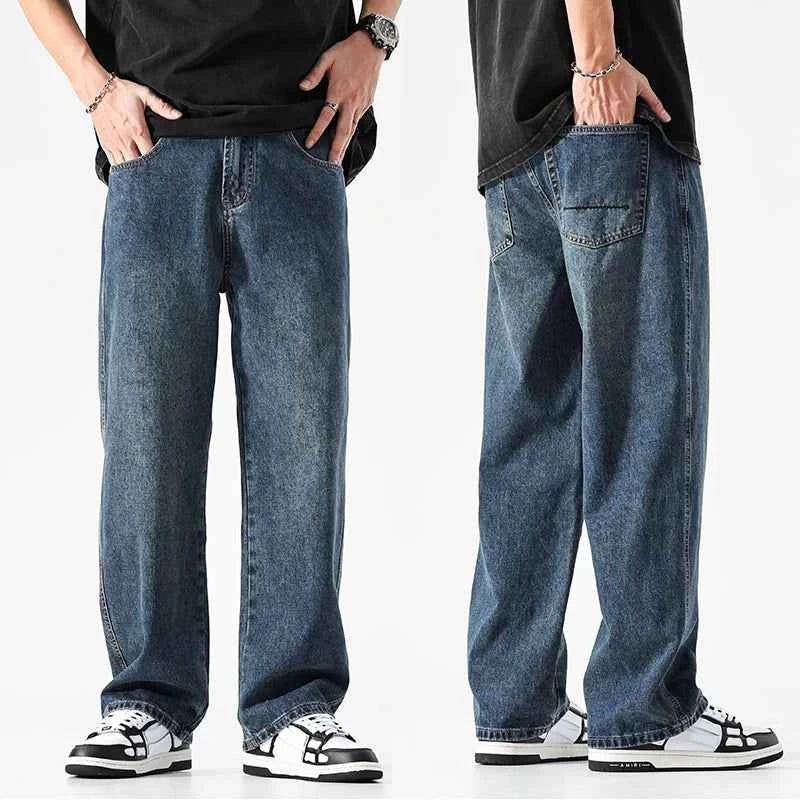 Wide Leg Jeans Men Baggy Pants Summer Straight Cut Loose Retro Blue Denim Pants Streetwear Fashion Pockets Vintage Man Clothes