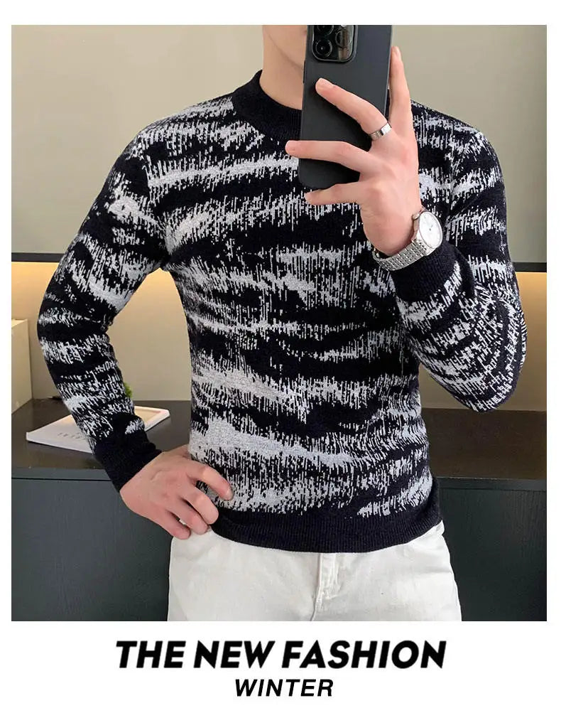 Autumn Winter Velvet Knitted Sweater Men Long Sleeve Casual Business Sweaters Comfortable Warm Versatile Social Pullover Tops GONZALES ONLINE SHOP