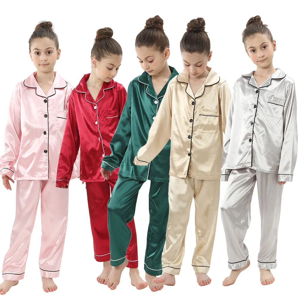 Children Silk Satin Pyjamas Set Baby Sleepwear Pijama Solid color Pajamas Suit Boys Girls Nightwear Autumn Kids Loungewear Pjs GONZALES ONLINE SHOP